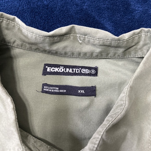 Ecko Unltd Mens Button Up Shirt Army Green Size XXL LS Logo Spellout Military - Picture 8 of 15